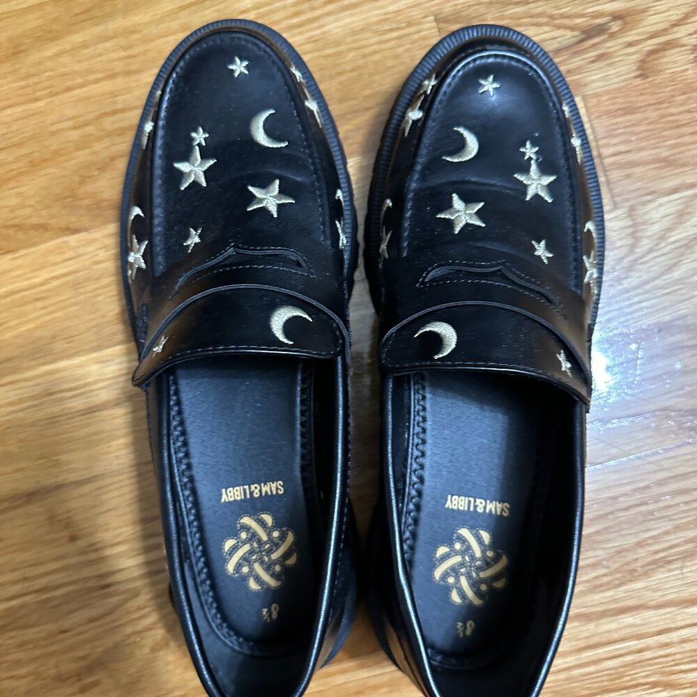 Sam Edelman Black Loafers with Gold Star and Moon Embroidery